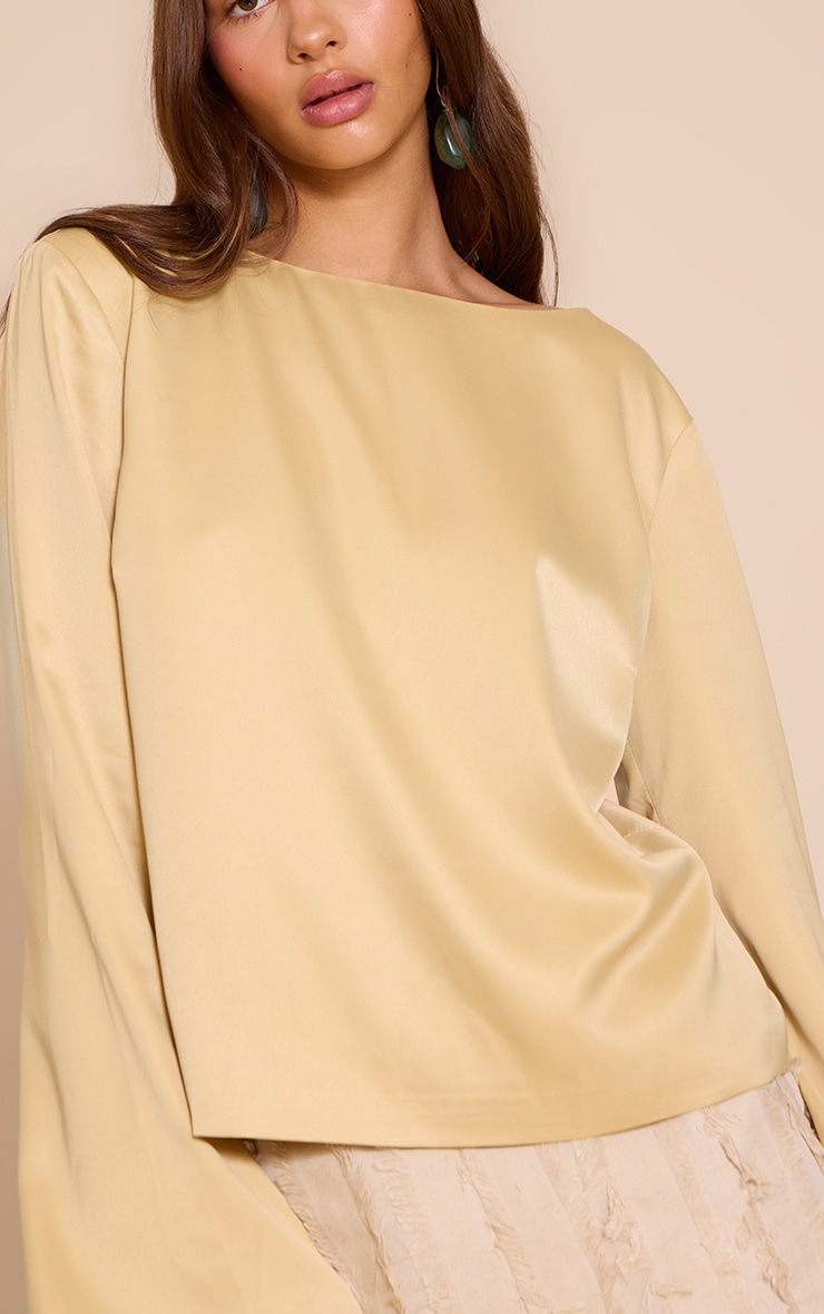 Butter Yellow Satin Boat Neck Flare Sleeve Top image 4