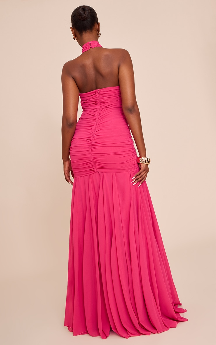 Fuschia Chiffon Halterneck Ruched Dropped Waist Maxi Dress image 2