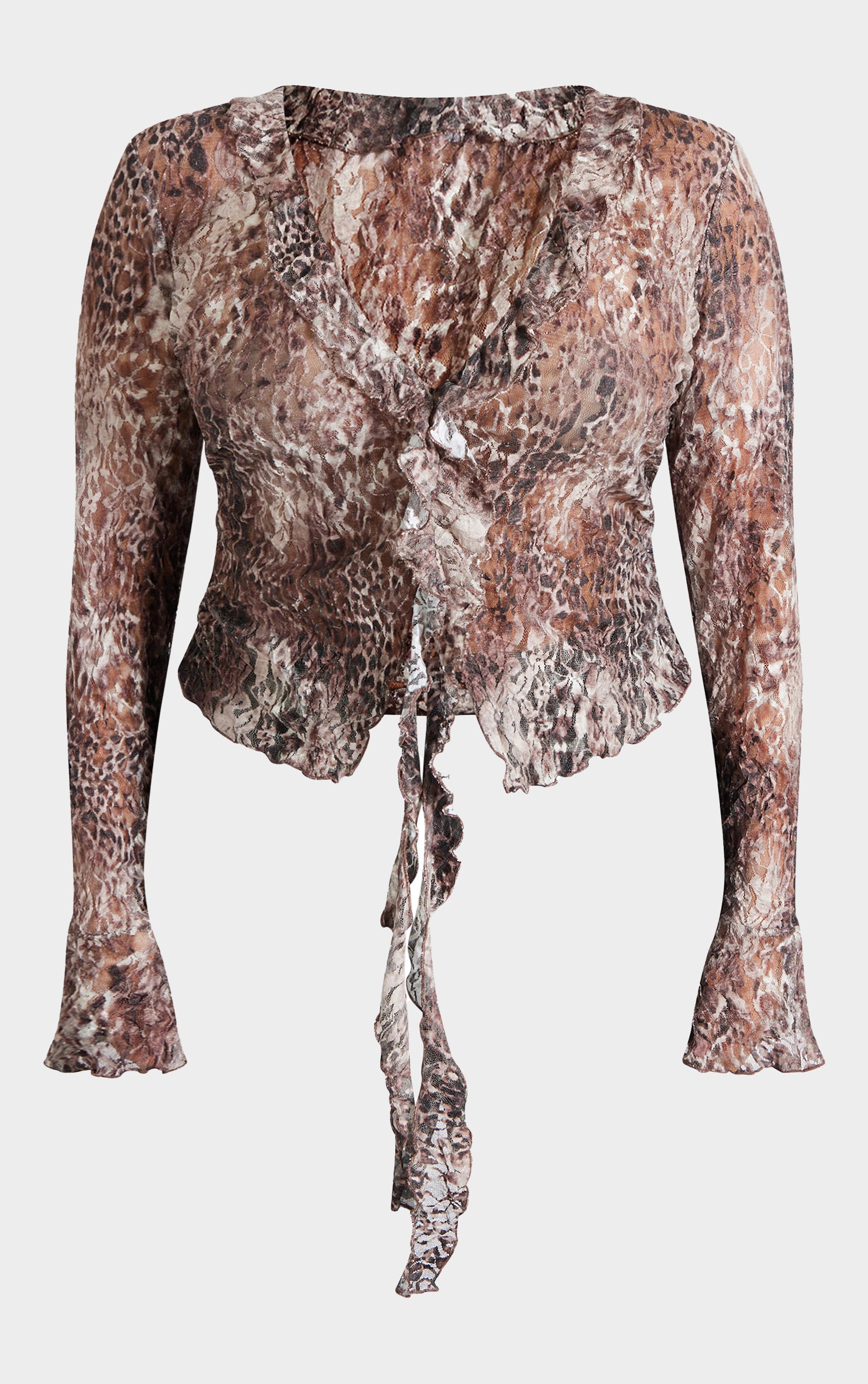 Plus Brown Leopard Lace Ruffle Drape Long Sleeve Top image 5