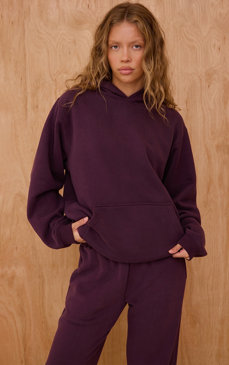 Plum Cotton Fleece Oversized Pull Over Hoodie image 1