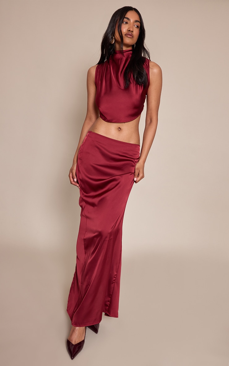 Burgundy Satin Maxi Mid Rise Skirt image 1