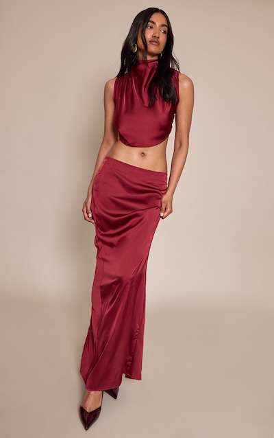 Burgundy Satin Maxi Mid Rise Skirt