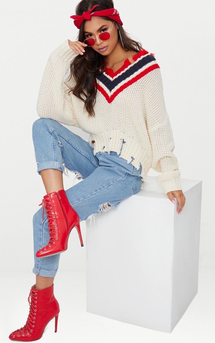 Cream Distressed Cricket Jumper Knitwear PrettyLittleThing