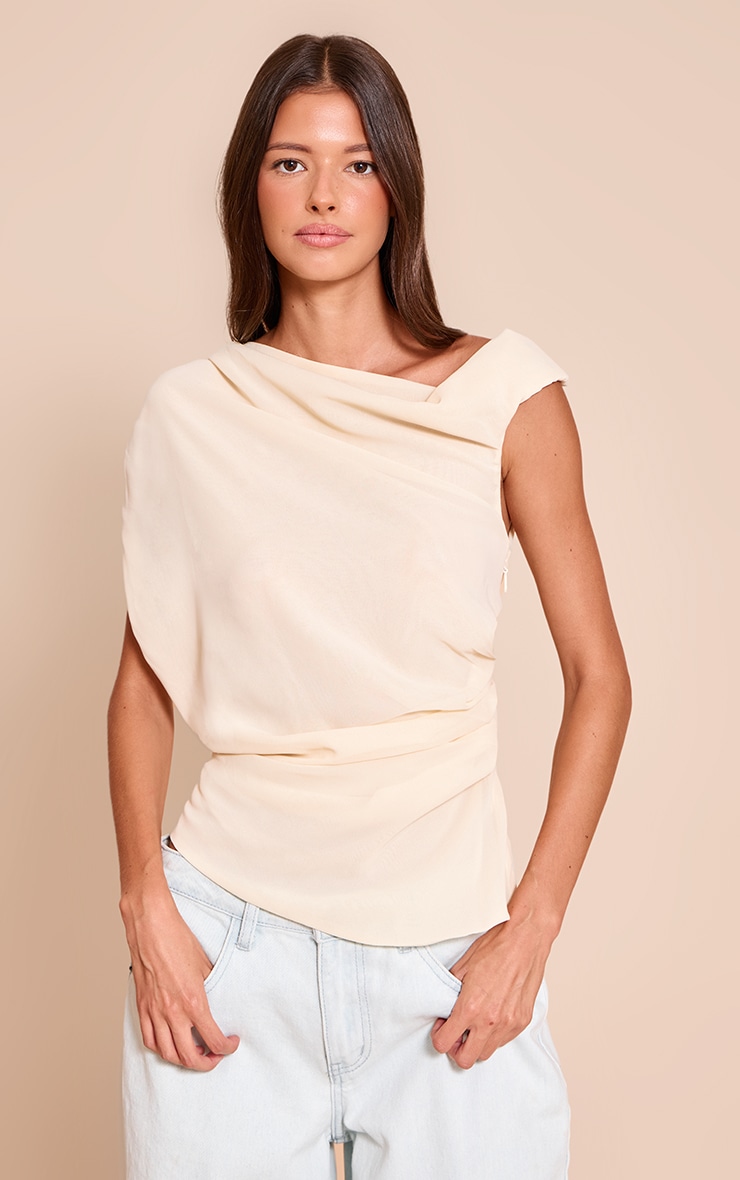 Cream  Chiffon Asymmetric Drapey Long Top image 1