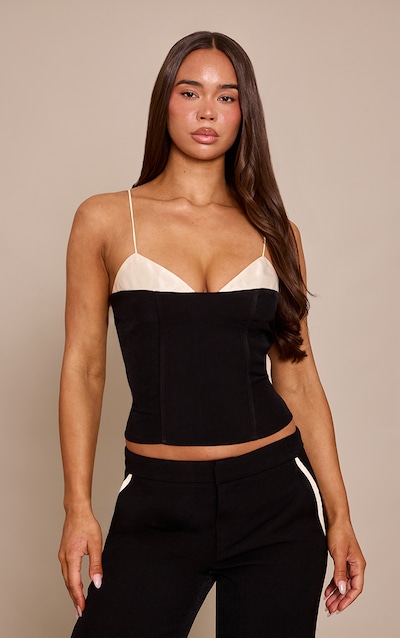 Black Woven Tailored Satin Contrast Bust Cami Top