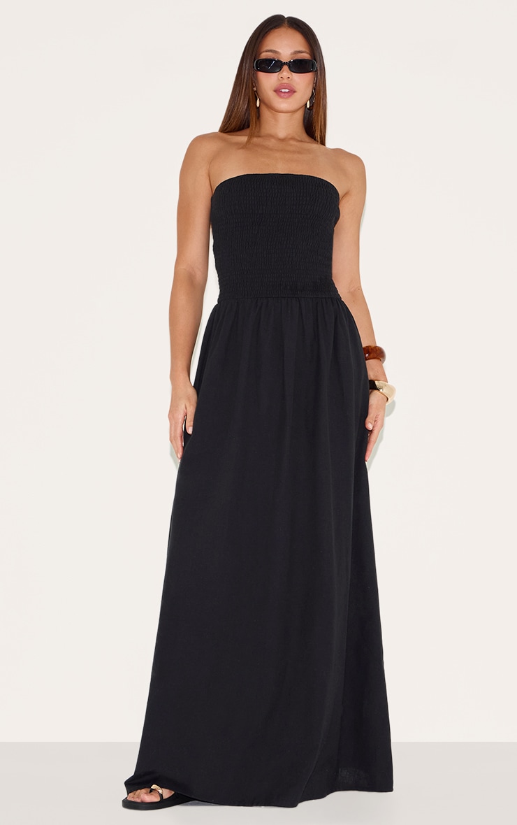 Tall Black Bandeau Shirred Detail Maxi Dress image 1