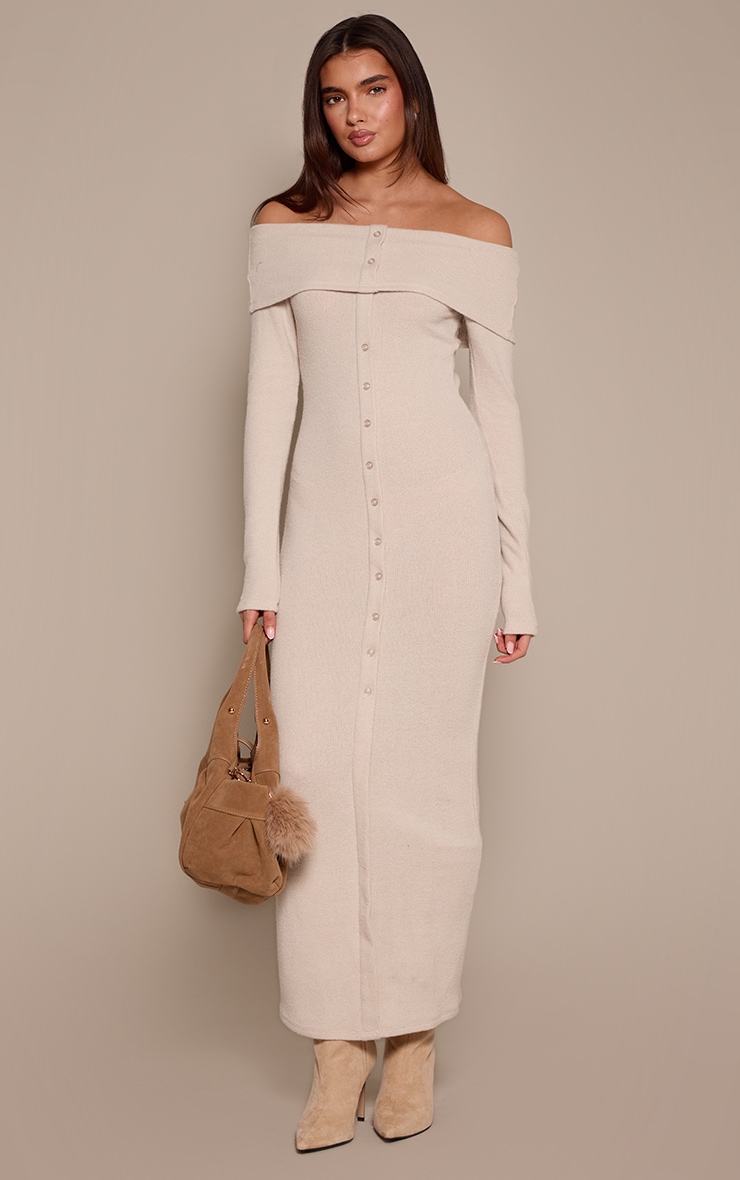 Cream Ribbed Bardot Button Down Maxi Dress