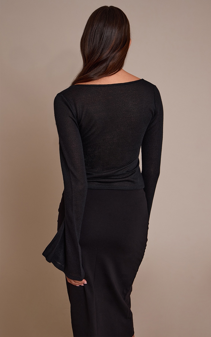 Black Textured Jersey Scoop Neck Flared Long Sleeve Top image 2