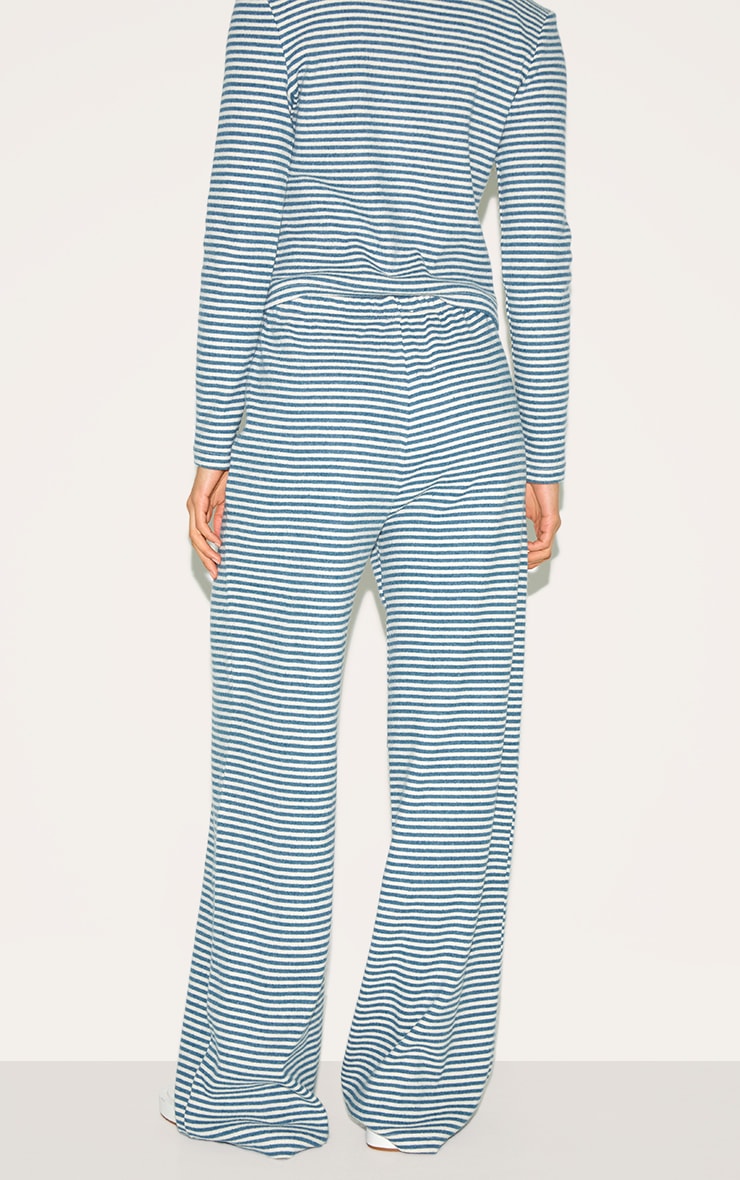 Blue Brushed Rib Striped Mid Rise Wide Leg Pants image 3