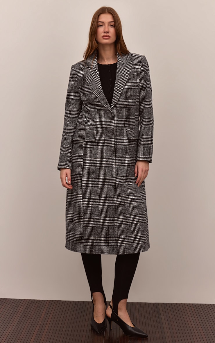 Manteau long en effet laine noir carreaux à simple boutonnière et lisérés structurants image 4