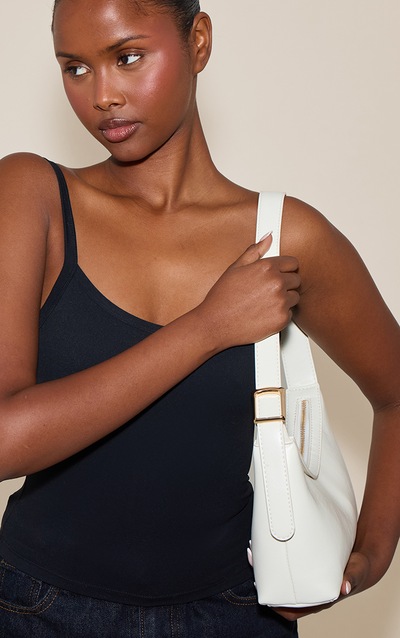 Cream PU Simple Buckle Strap Shoulder Bag