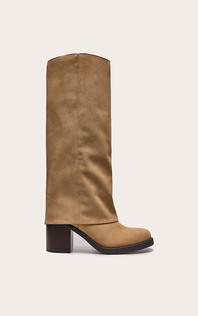 Bottes en PU effet nubuck camel repliées à petit talon carré et bout rond