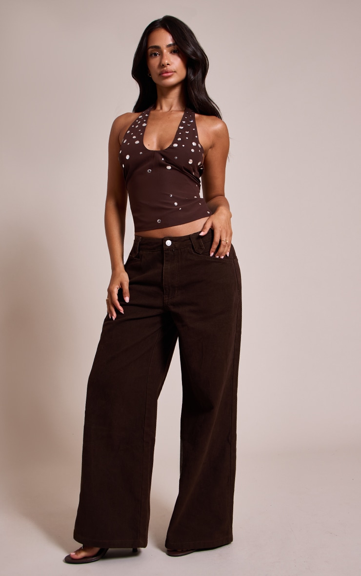 Petite Brown Stud Detail Halterneck Top image 3