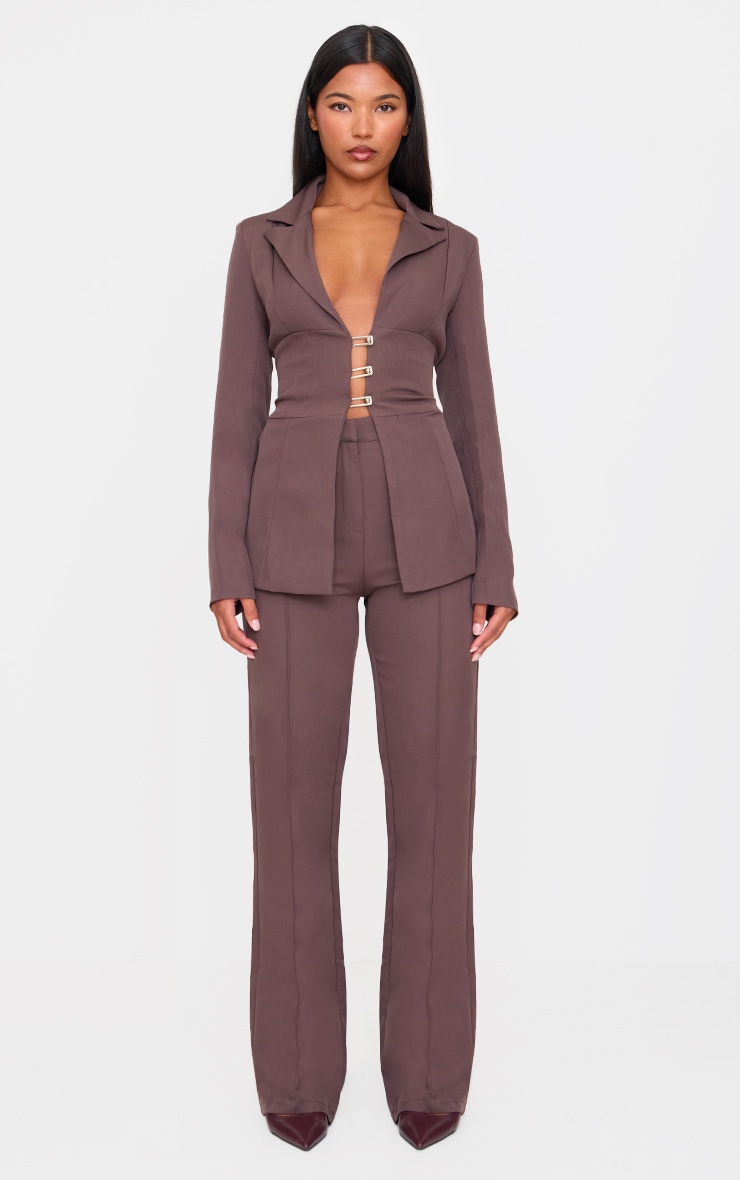 Chocolate Woven Tailored Wide Leg High Waist Pants image 1