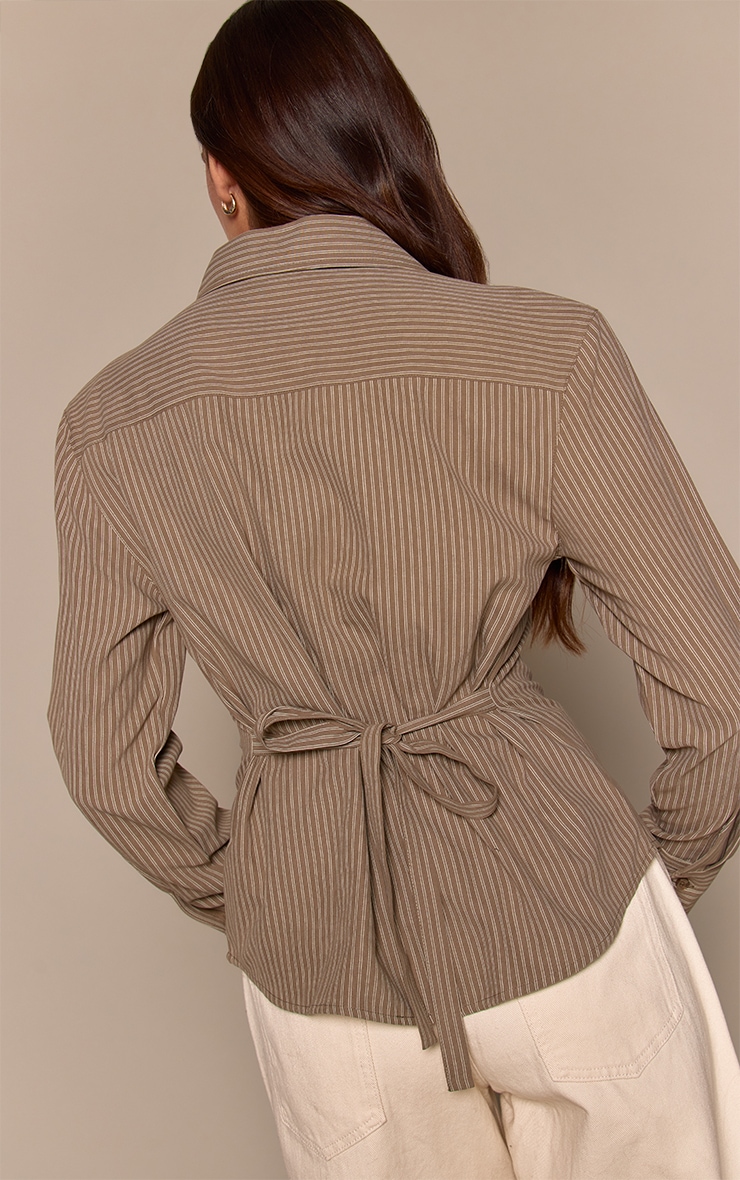 Mocha Striped Peachskin Fitted Shoulder Padded Shirt  image 2