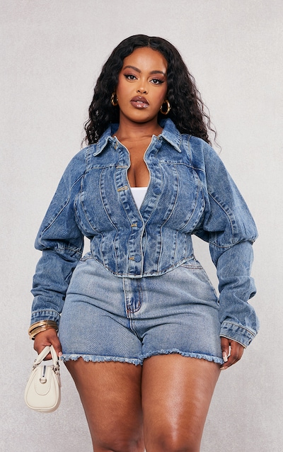 Plus Vintage Wash Corset Denim Jacket