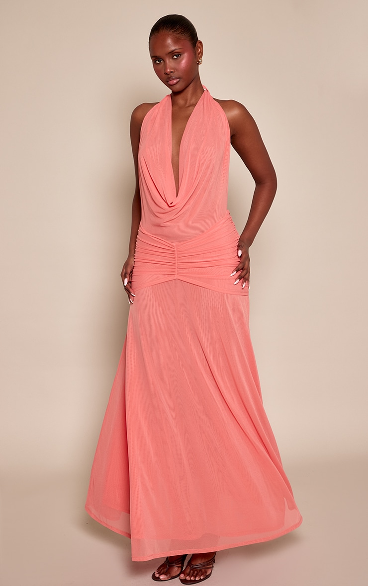 Apricot Mesh Cowl Neck Ruched Front Maxi Dress