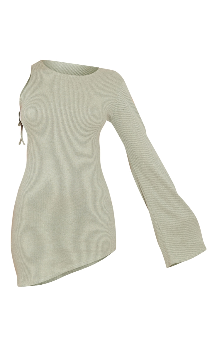 Sage Green Ribbed One Shoulder Flare Sleeve Bodycon Dress image 2