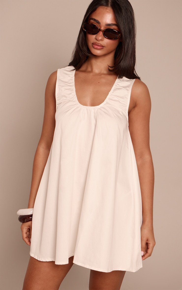 Petite White Sleeveless Linen Look Flowy Scoop Neck Mini Dress