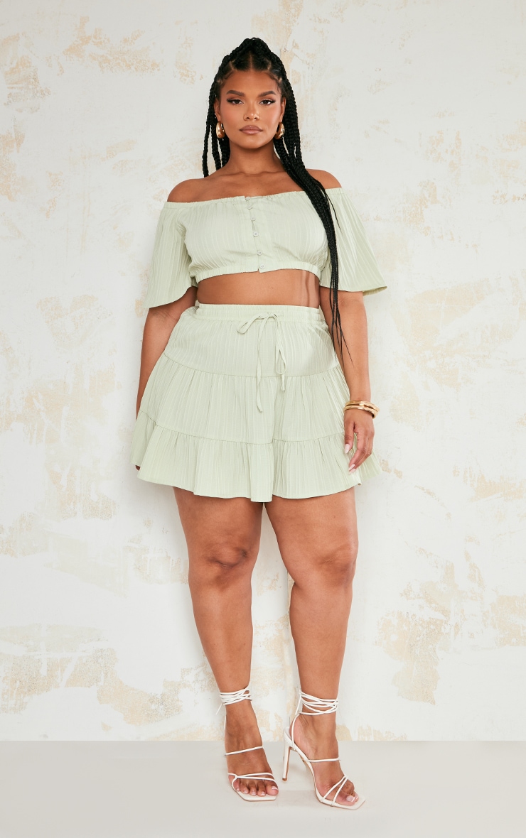 Plus Sage Green Textured Bardot Crop Top image 3