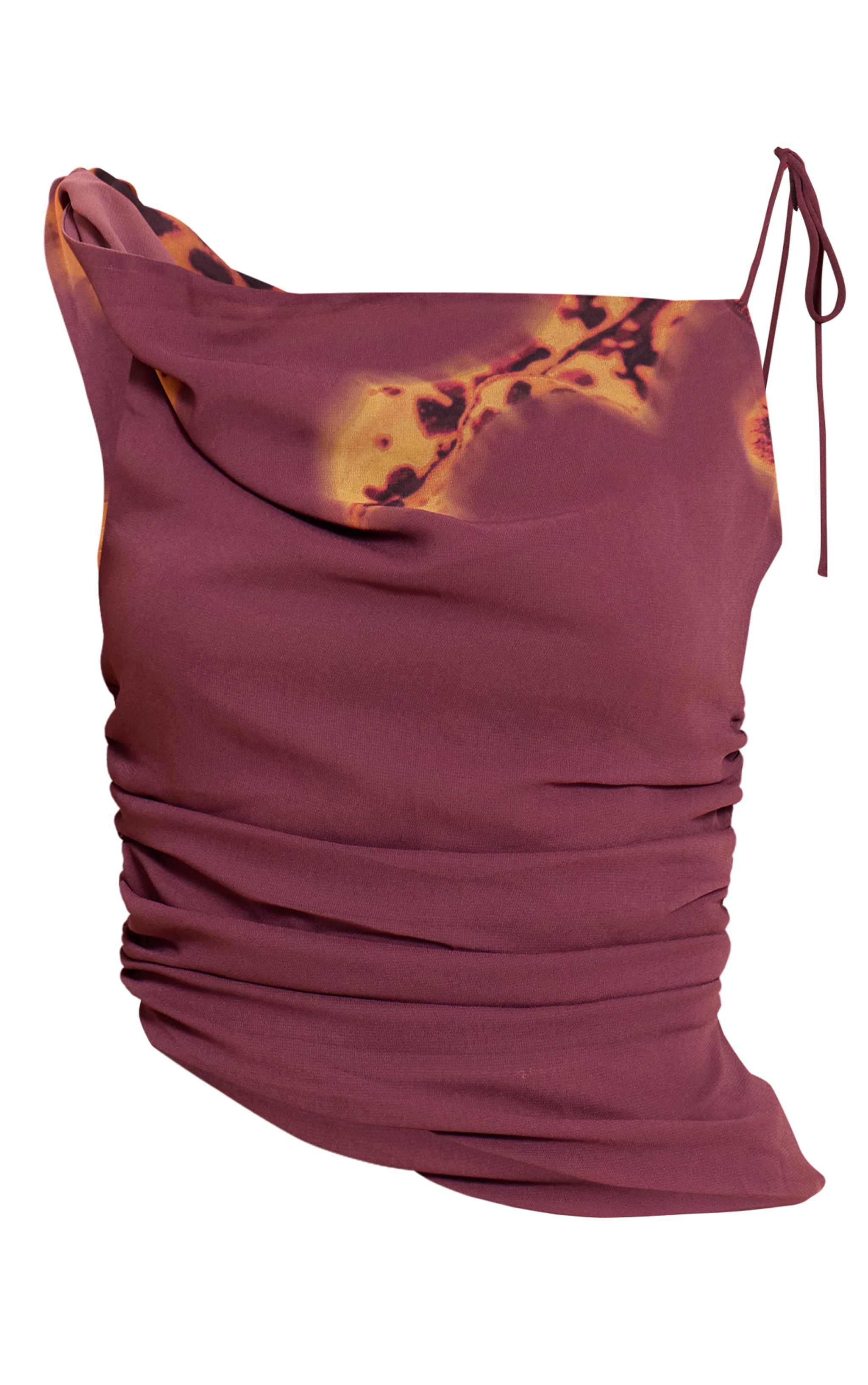 Dark Purple Floral Print Chiffon Ruched Frill Long Top image 5