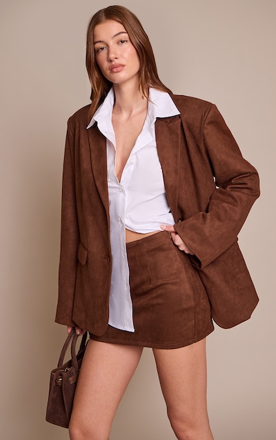 Mini-jupe en suédine marron chocolat à taille mi-haute