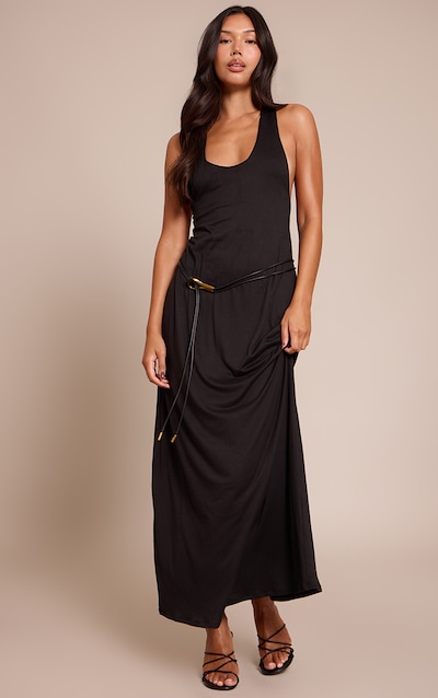 Robe longue douce noire à col rond
