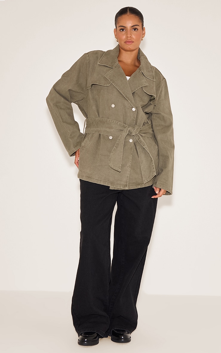 Plus Olive Cropped Belted Denim Trench image 3