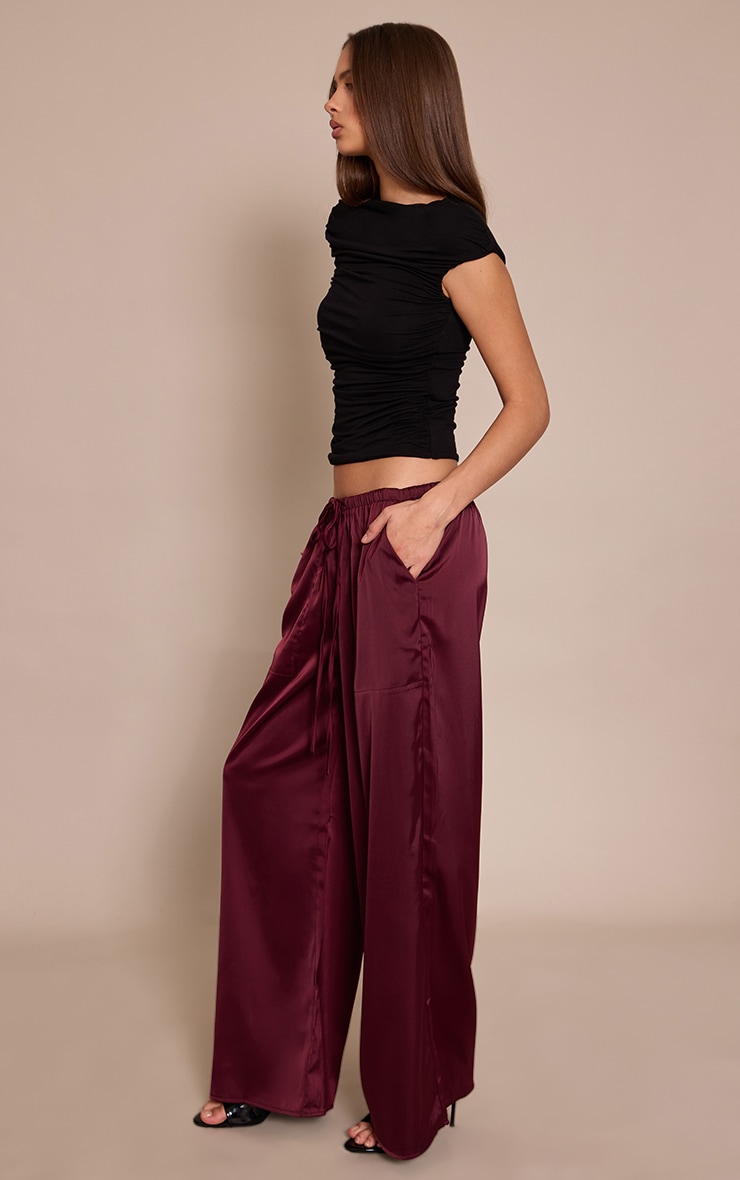 Burgundy Satin Low Rise Wide Leg Drawstring Pants image 2