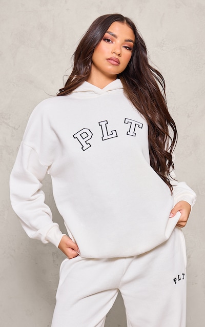 PRETTYLITTLETHING Cream PLT Logo Oversized Hoodie