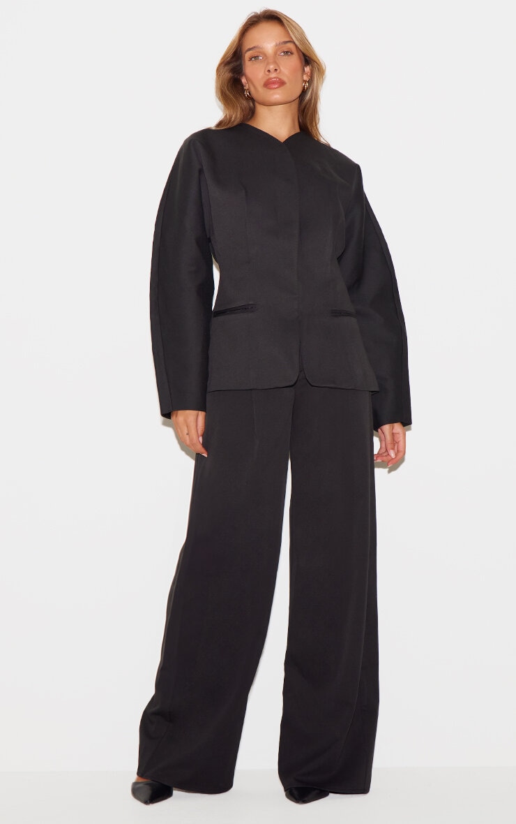 Black Premium Woven Tailored Collarless Detail Blazer image 3