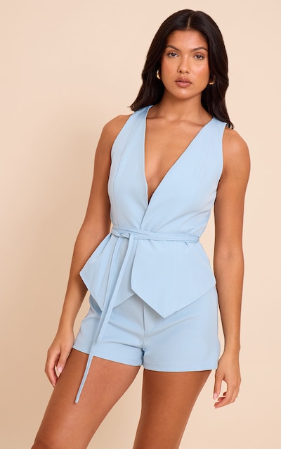 Blue Woven Tie Waist Vest Romper