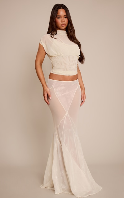 Cream Chiffon Sheer Godet Maxi Skirt