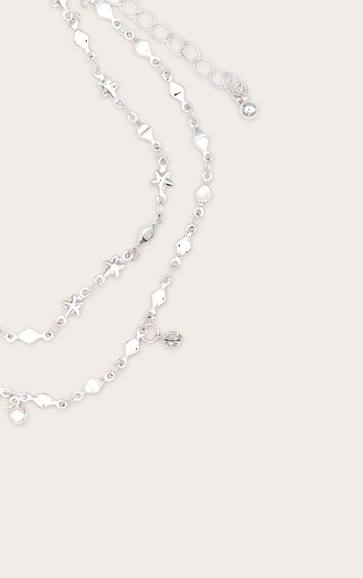 Silver Double Layer Stars And Diamante Chain Anklet image 2