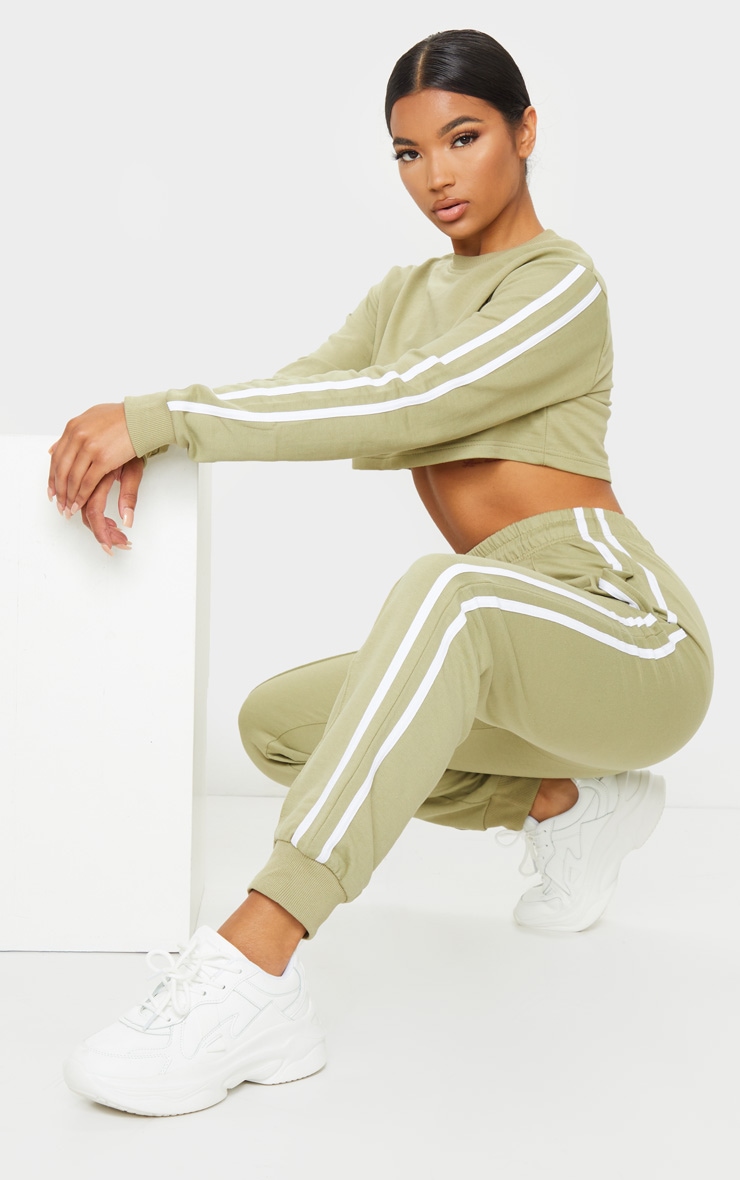Sage Green Double Stripe Side Skinny Joggers