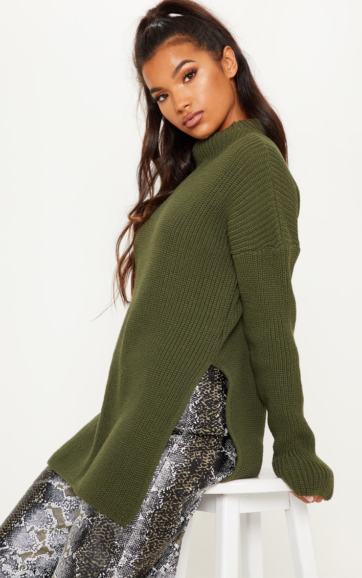 Olive High Neck Oversized Jumper