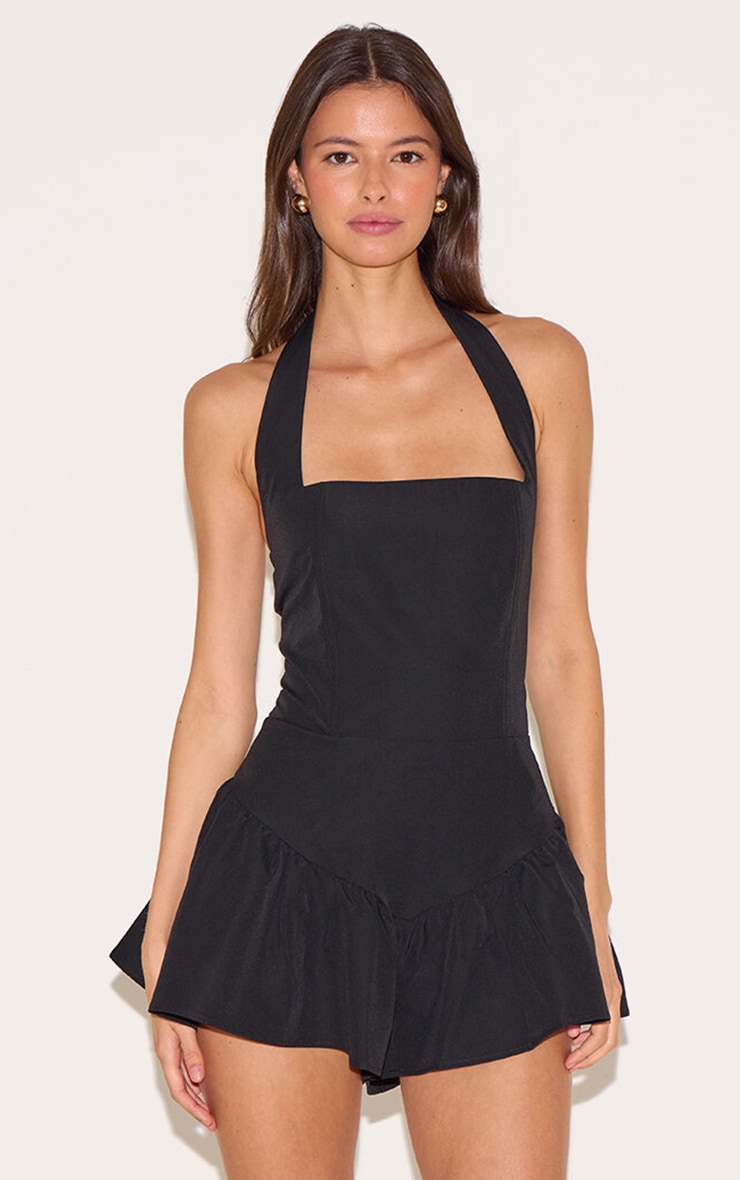 Black Halter Neck Drop Waist Floaty Playsuit image 1