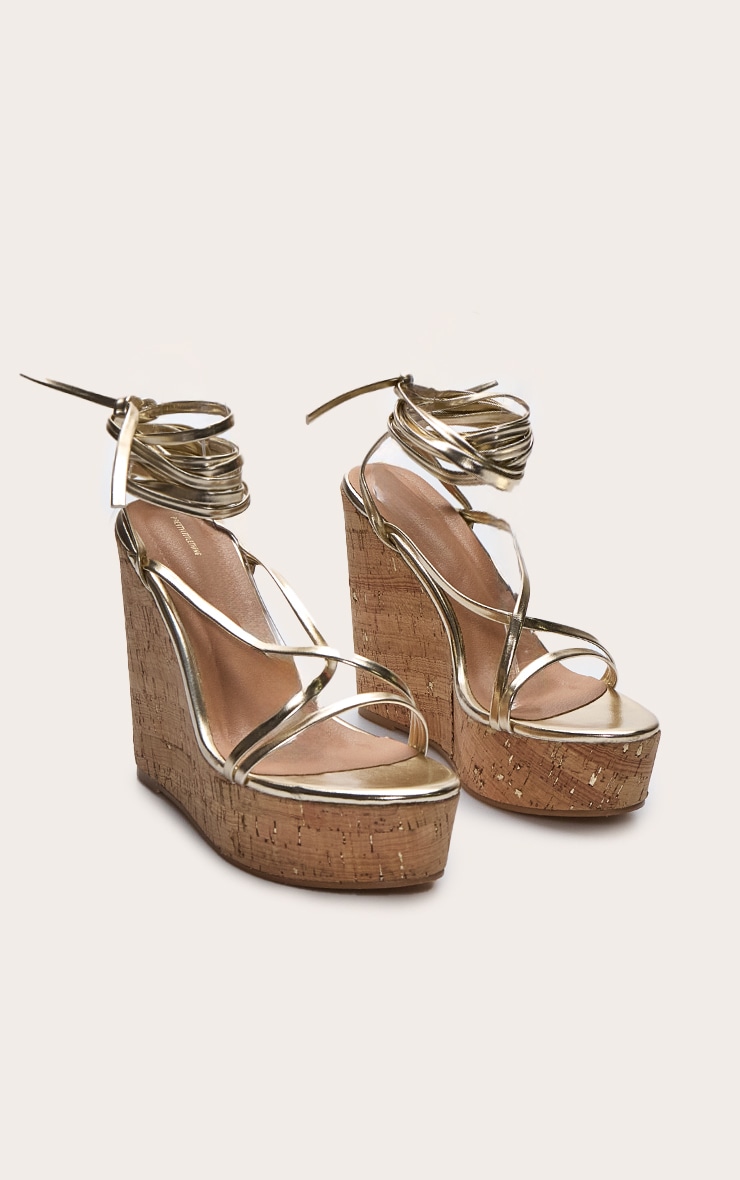 Gold Wide Fit Pu Strappy Lace Up High Heel Cork Wedges image 3