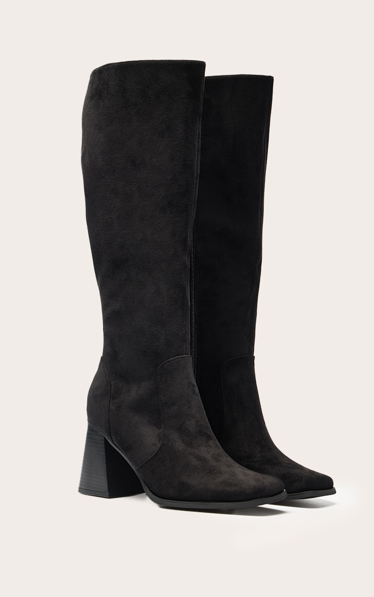 Black Faux Suede Square Toe Flare Block Heel Knee High Boots image 3