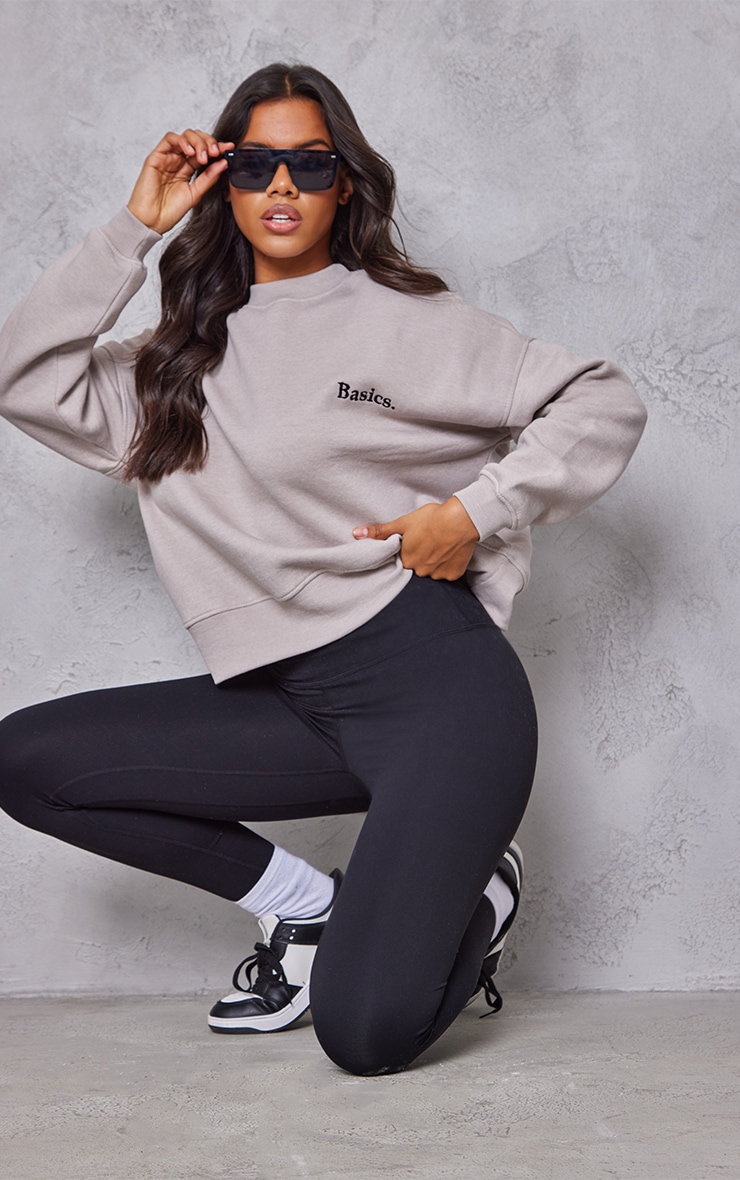 Ash Grey Basics Embroidered Deep Band Crop Sweatshirt image 1