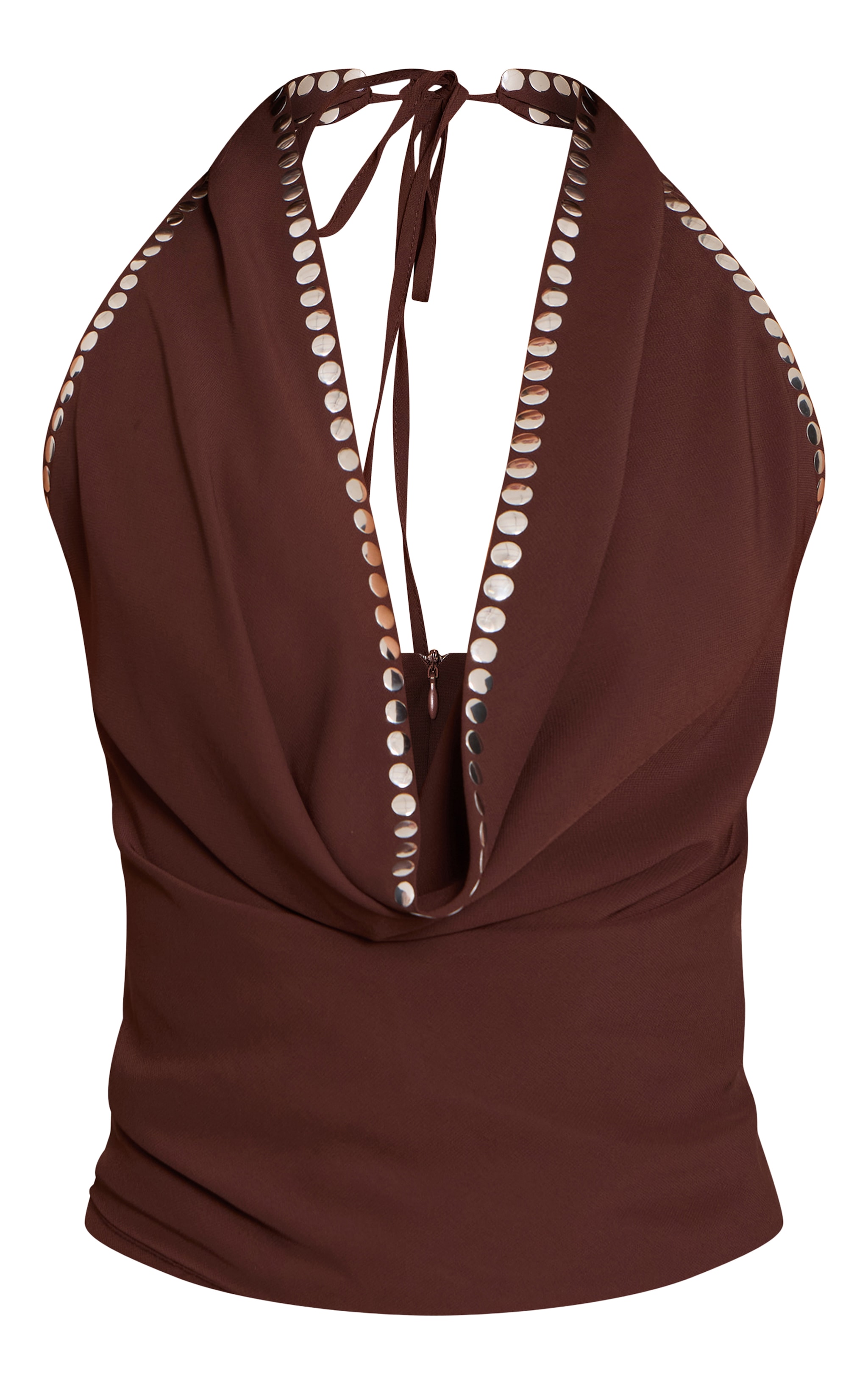 Top en mousseline de soie chocolat à décolleté bénitier et clous image 5