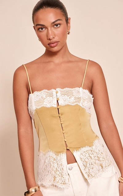 Olive Satin Button Up Lace Detail Cami