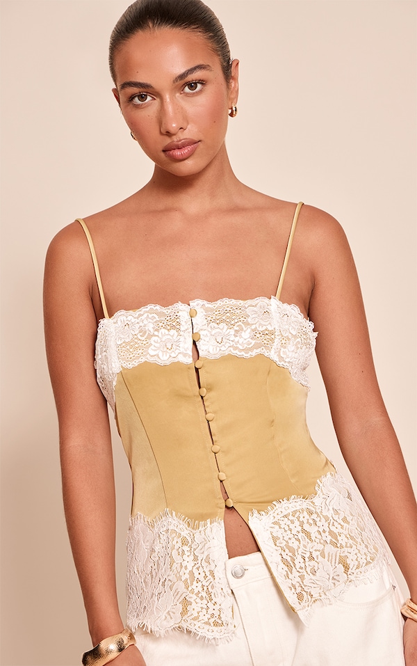 Olive Satin Button Up Lace Detail Cami