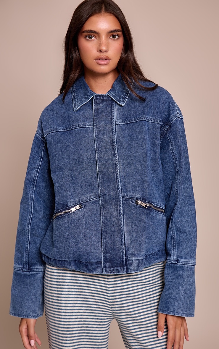 Mid Blue Wash Elasticated Hem Denim Jacket image 1