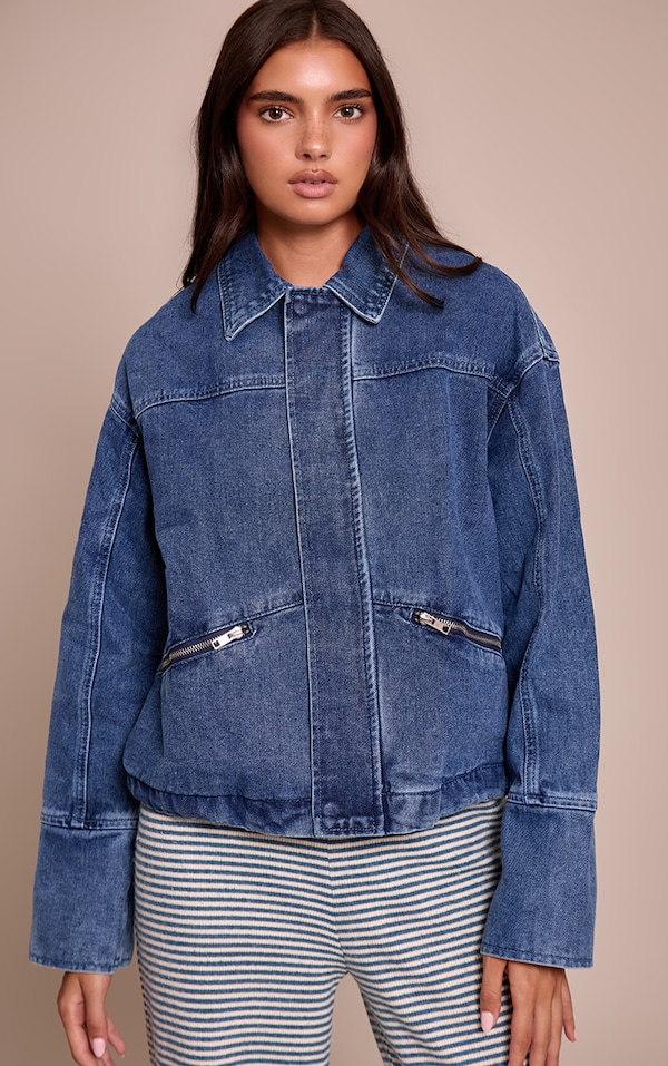 Mid Blue Wash Elasticated Hem Denim Jacket