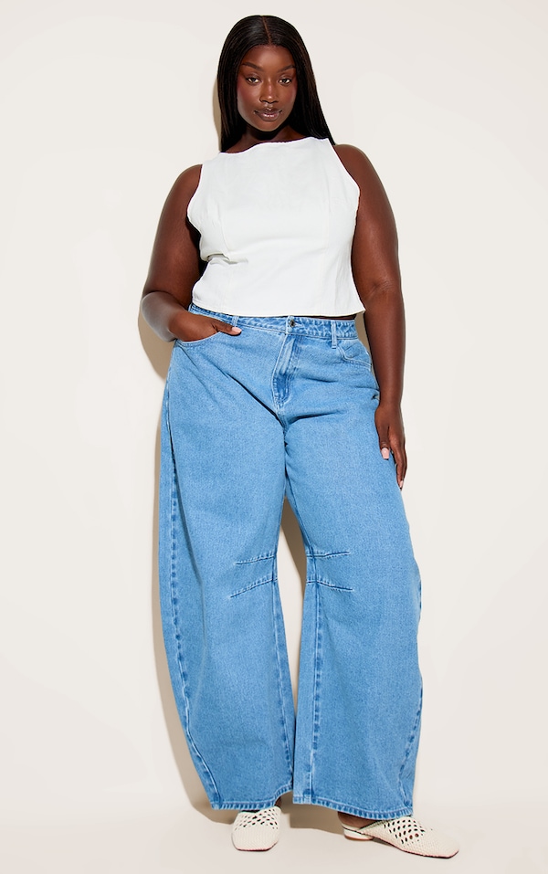 Plus Mid Blue Wash Seam Detail Barrel Jean