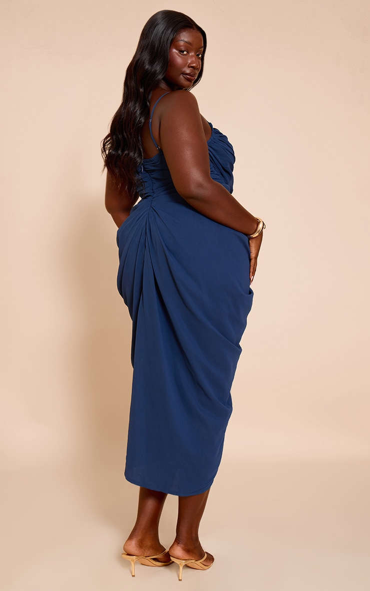Plus Navy Chiffon Ruched Drape Midi Dress image 2