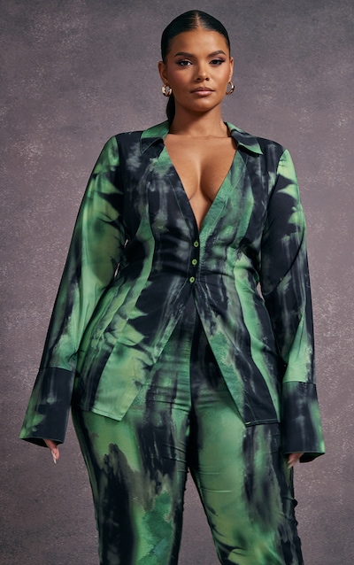 Plus Green Grunge Print Chiffon Fitted Shirt