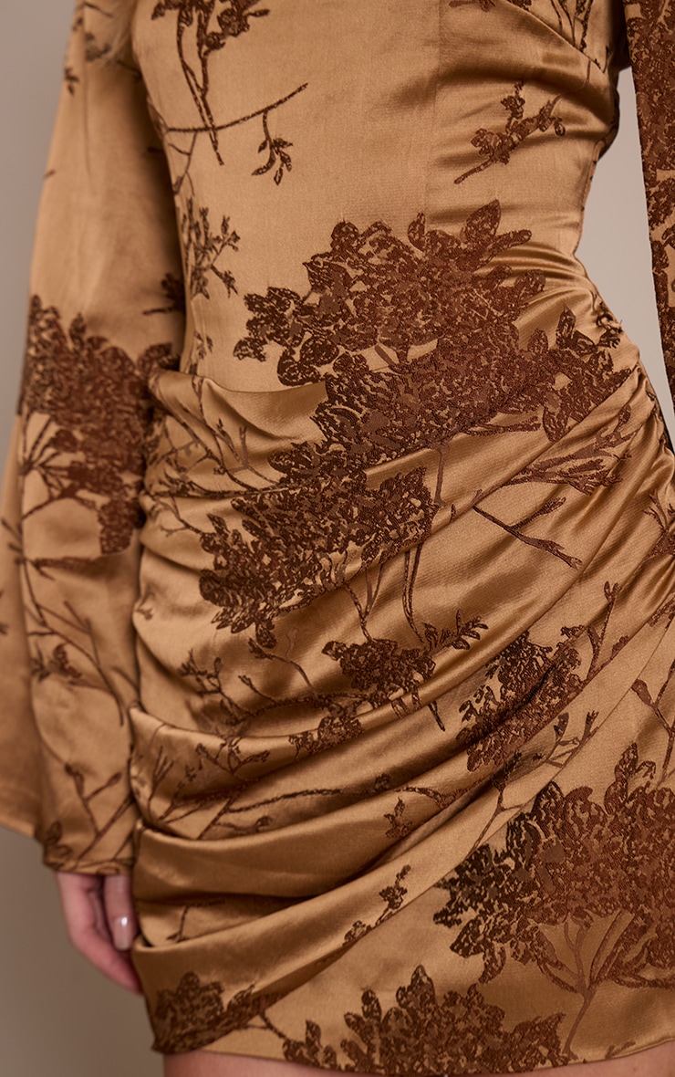 Gold Jacquard Boat Neck Flute Sleeve Mini Dress image 4