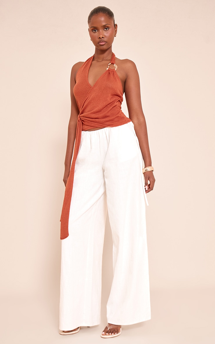 Rust Tie Detail Halter Neck Trim Knit Top image 3